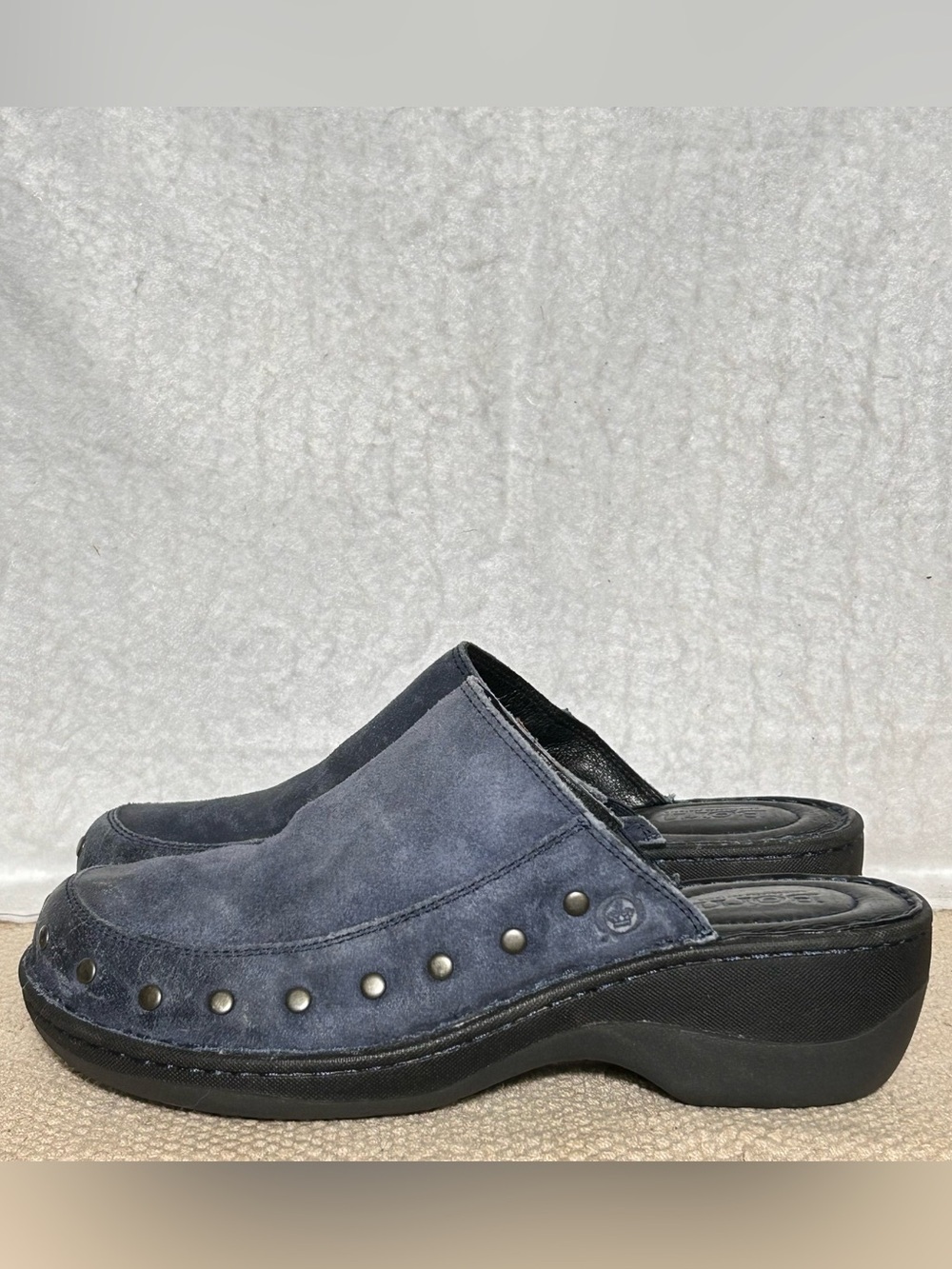 Born Womens Blue Suede Majesty Studded Slip On Wedge Mules Clogs Shoes SZ 8M - Picture 2 of 11